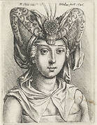 Portret van vrouw met V-vormige bourrelet op het hoofd