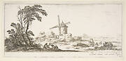 Plate 10: a family in center foreground, various figures and horses in middleground, a windmill in center background, from 'Various landscapes' (Divers paysages)