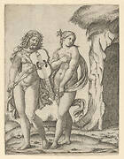 Orpheus standing at left playing the violin, Eurydice at right covering herself