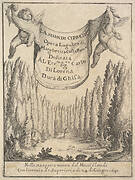 Frontispiece for 'The Cypress Forest' (La selva di cipressi): two putti hold a tapestry in center, a forest of cypress trees and statues below, a skull and bones on the ground