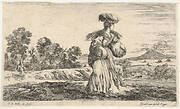 A peasant woman, standing in center facing right, carrying one basket on her head and another in her right arm, another peasant woman on a donkey and a figure on foot to left in the background, from 'Various figures and lands' (Diverse figure e paesi)