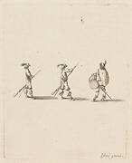 Deux soldats faisant l’exercise du fusil et un troisième battant du tambour