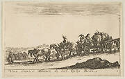 Plate 1: a horse drawn cart carrying people and goods, dead horse in the foreground, from 'Various Military Caprices' (Varii capricci militari)