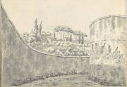 Landscape with a Curved Wall, Round Tower and Distant Villa (Smaller Italian Sketchbook, leaf 8 recto)