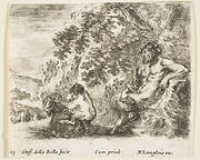 Plate 23: a satyr sitting against a tree to right and holding a flute in his right hand, a child playing with a goat to left, from 'Diversi capricci'