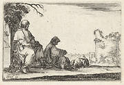 Plate 6: two seated pilgrims and one laying down to left, a tower in ruins to right in the background, from 'Caprice faict par de la Bella'