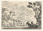 Plate 9: Two goats resting to right, turned towards the left, four men and a horse in a river in the background, from 'Various Figures' (Agréable diversité de figures)