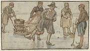 Skaters on the Ice, a Man Pushing a Sledge and a Kolf-player / verso: Two Skaters