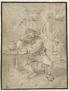 Zittende boer, leunend op een tafeltje