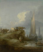 Coastal scene with shipping and cattle