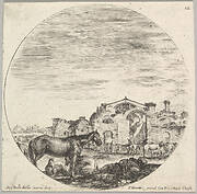 Plate 12: a shepherd sleeping on the ground to right, three horses to left, other horses and various figures to right, the Baths of Diocletian in the background, a round composition, from 'Roman landscapes and ruins' (Paysages et ruines de Rome)