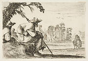Plate 5: two pilgrims with hats rest to the left, seen from behind, a horseman rides towards the background to the right, from 'Various Figures' (Agréable diversité de figures)