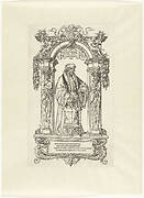 Portret van Erasmus staand onder boog met beeld van Terminus