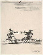 Two horsemen dueling with pistols, one seen from behind riding towards the left, one riding towards right, from 'Various cavalry exercises' (Diverses exercices de cavalerie)
