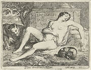 Slapende nimf met een hond bespied door een sater