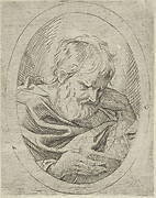 An apostle resting his head on his left hand and reading a book, in an oval frame, from Christ, the Virgin, and Thirteen Apostles