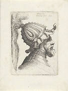 Hoofd van een man met gepluimde helm