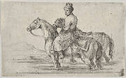 A valet taking two horses to bathe, sitting atop one horse in a river, the other beside him to right