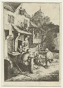 Gebochelde vioolspeler voor een herberg