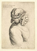 Bust of woman with protruding mouth wearing low-cut dress and cloth bound around her head, in profile to right