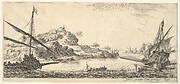 Plate 8: A the bow of a galley at left and another galley at right, seen from behind, two rowboats in center, a hill with a fortress in the background, from 'Various landscapes' (Divers paysages)
