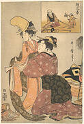 喜多川歌麿画  絵兄弟娘道成寺  見立猿廻し  「絵兄弟」|A Woman Dressing a Girl for a the Kabuki Dance “Musume Dojōji,” with “Brother Picture” (E-kyōdai) of a Monkey Trainer