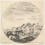 Plate 12: a shepherd sleeping on the ground to right, three horses to left, other horses and various figures to right, the Baths of Diocletian in the background, a round composition, from 'Roman landscapes and ruins' (Paysages et ruines de Rome)