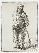 Ragged peasant with his hands behind him, holding a stick
