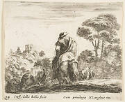 Plate 24: herdsman atop a horse, seen from behind, leads his cattle down a hill, a tower on a hill to left in the background, from 'Diversi capricci'