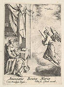 Annunciation, with angel approaching the seated Mary from the left, and the dove of the Holy Spirit above