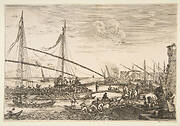 View of the fortifications, two men lifting a plank at right, several ships and boats the background and a galley at left, from 'Views of the port of Livorno' (Vues du port de Livourne)