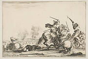 A skirmish, two horsemen battling with swords to the right, men carrying a flag running away towards the right, a dead man on the ground and a horseman seen from behind to the left, from 'Varie figure'