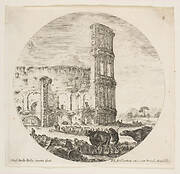 Plate 8: the Colosseum, two herds being directed towards the amphitheater in the foreground, a round composition, from 'Roman landscapes and ruins' (Paysages et ruines de Rome)