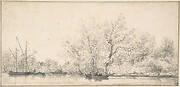 River Scene with Boats before a densely Wooded Bank