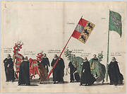 Plate 44: Men with heraldic flags and horses from Carinthia and Styria marching in the funeral procession of Archduke Albert of Austria; from 'Pompa Funebris ... Alberti Pii'