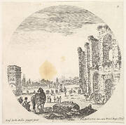 Plate 9: the Arch of Constantine to left, seen from the side, part of the Colosseum to right, various horses and figures in foreground and background, a round composition, from 'Roman landscapes and ruins' (Paysages et ruines de Rome)