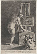 Pictura: allegory of painting, with a nude woman at center grinding pigments, two putti drawing at lower right