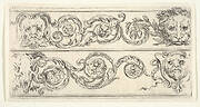 Plate 5: two friezes; at top, a grotesque head of an old man to left, a lion head to right, at bottom, a ram skull to left, a grotesque head of a man to right, from 'Friezes, foliage, and grotesques' (Frises, feuillages et grotesques)