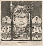 The tomb of Ferdinand II at center in the background within the choir of the church, three arches in center foreground, Austrian coat of arms hung in center arch, from 'Ceremonies for the Funeral of Emperor Ferdinand II' (Funérailles de l'empereur Ferdinand II)
