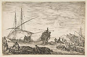 A galley covered in sails to left, six cannons and four people to left in foreground, one man seated at far left smoking a pipe, a man assisting others disembarking from rowboats to right, other rowboats and ships in the background, from 'Views of the port of Livorno' (Vues du port de Livourne)