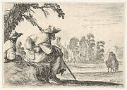 Plate 5: two pilgrims with hats rest to the left, seen from behind, a horseman rides towards the background to the right, from 'Various Figures' (Agréable diversité de figures)