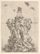 The rock of Aeolus, surrounded by water, with steps leading up the rock, the heads of three of the four winds on each corner blowing outwards, Aeolus crowned at the summit, four winds in the sky around him, from 'The contest of the seasons' (La gara delle stagioni)
