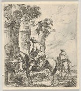 Plate 19: a rider making his horse drink from a basin of a fountain at left, another horseman seen from behind riding towards the left in the background, from 'Various figures and doodles' (Diverses figures et griffonnemens)