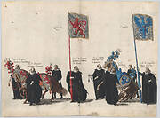 Plate 39: Men with heraldic flags and horses from Burgundy and Artois marching in the funeral procession of Archduke Albert of Austria; from 'Pompa Funebris ... Alberti Pii'