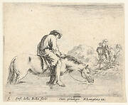 Plate 5: a barefoot peasant on horseback crossing a river, another peasant on horseback and leading a horse on a bank to right in the background, from 'Diversi capricci'
