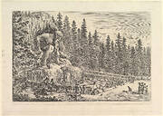 Colossal statue of the Appenino by Giambologna to left, represented as a giant crouching at the entrance of a grotto, ramps to either side, a pond below, various figures, dogs, and birds to right, from 'Views of the villa at Pratolino' (Vues de la villa de Pratolino)