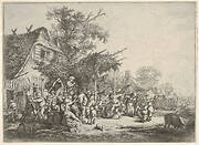 A group of figures dancing under a trellis attached to a house, a standing figure carrying a drum and holding a horn to his mouth, surrounded by onlookers, a lane with houses and carriages beyond