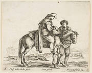 Plate 6: a peasant on horseback in profile facing the right, holding a basket and talking to another man standing behind the horse, from 'Diversi capricci'
