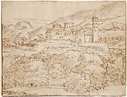 A landscape with a castle above a belt of trees