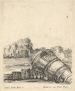 A mortar without a carriage lying on the ground to the right, soldiers firing cannons creating clouds of smoke in the background, from 'Equipment needed for Fortification' (Recueil de diverses pièces très nécessaires à la fortification)